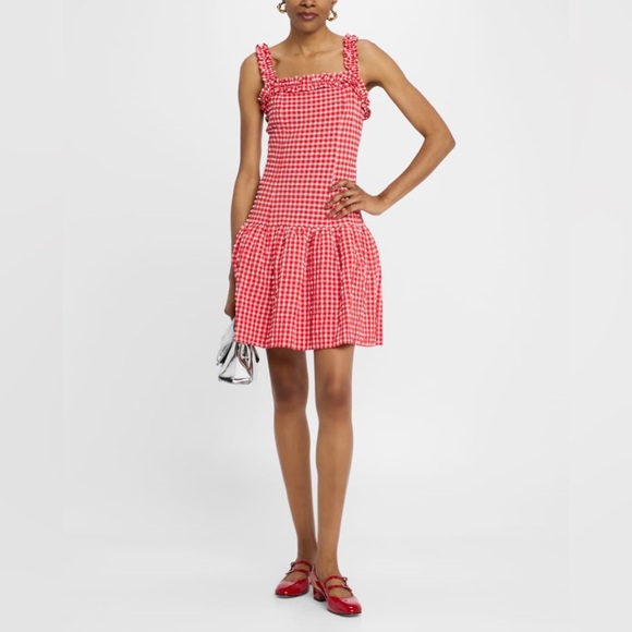 G Ganni Ruffled Stretch Seersucker Mini Dress